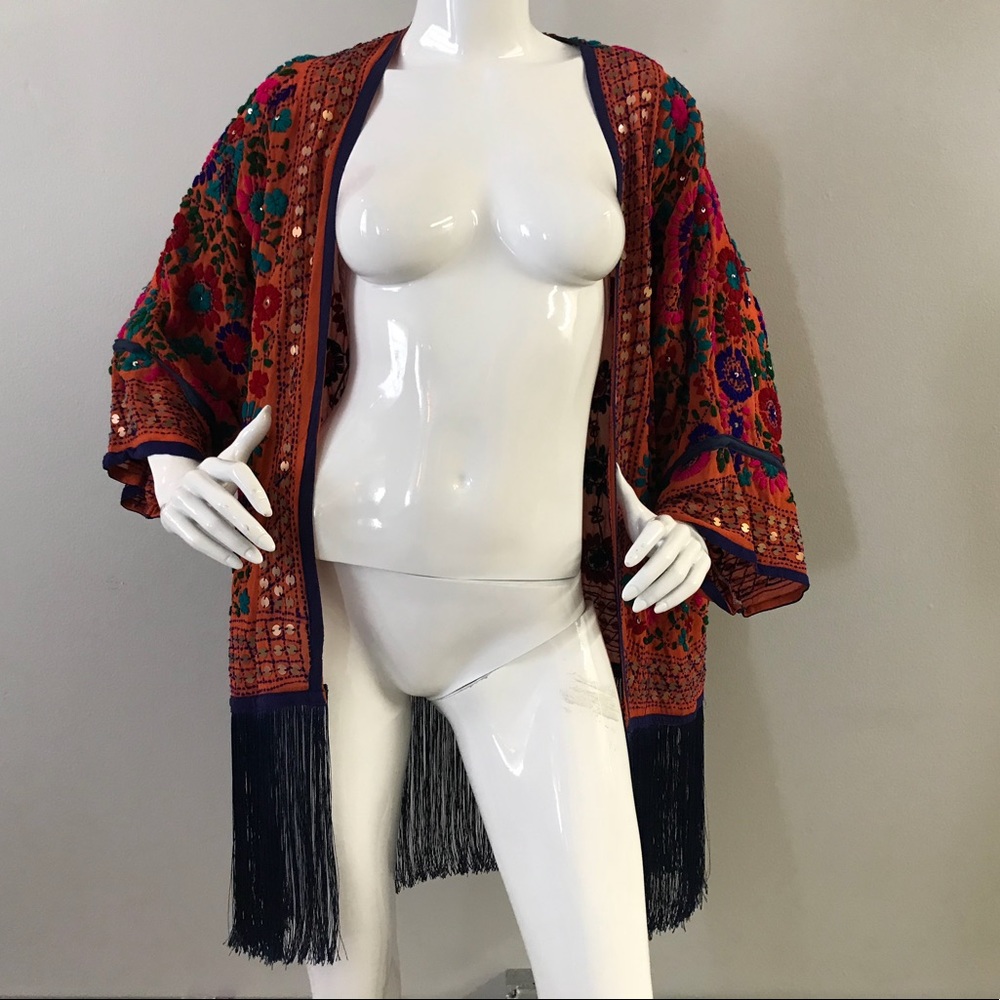 Beautiful Embroidered Fringe Orange Robe/Jacket - Picture 5 of 8